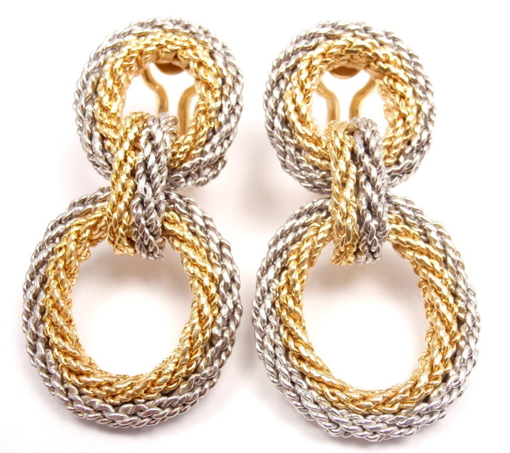 18k Yellow Gold & 18k White Gold Rope Earrings by Tiffany & Company. These vintage Tiffany & Co. earrings are the definition of elegance. 

Details: 
Weight: 25 grams
Length: 40mm 
Width: 19mm
These earrings are for non-pierced ears
Stamped