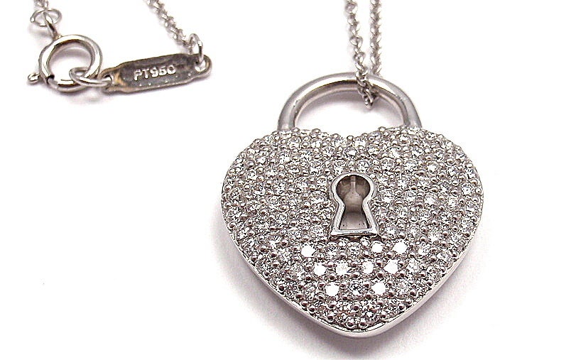 Women's TIFFANY & CO Diamond Heart Lock Pendant Platinum Necklace