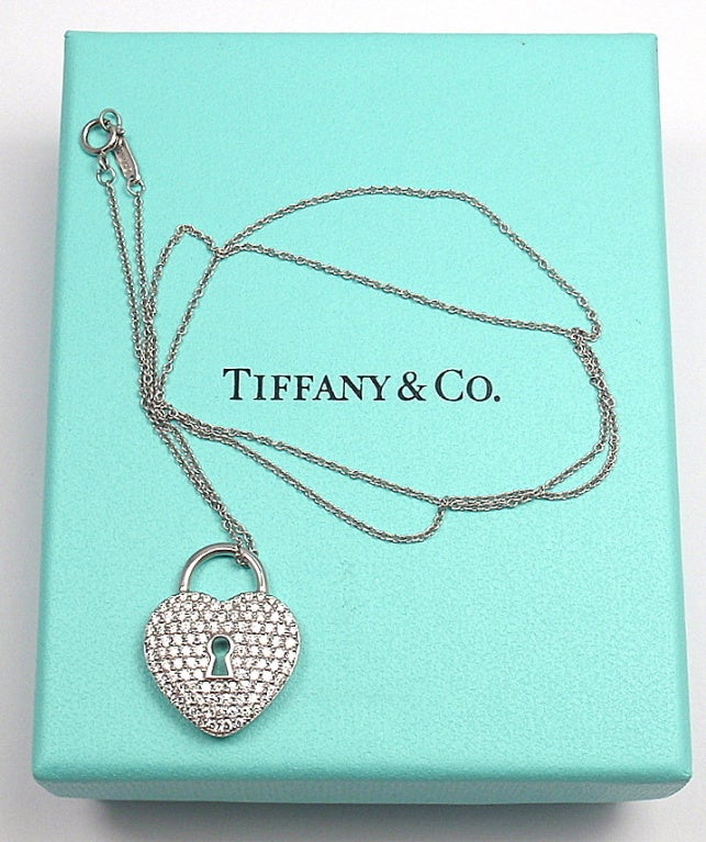 TIFFANY & CO Diamond Heart Lock Pendant Platinum Necklace 1