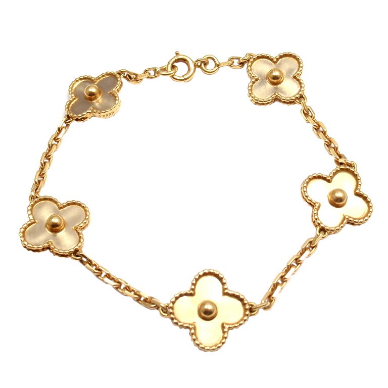 Van Cleef & Arpels 18K Yellow Gold 5-Motif Diamond Guilloché Vintage  Alhambra Bracelet