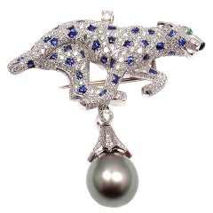 CARTIER Diamond Sapphire Pearl Platinum Panther Brooch Pendant