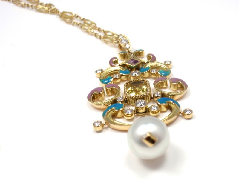 Women's Tiffany & Co. Pearl Enamel Yellow Sapphire Diamond Gold Necklace