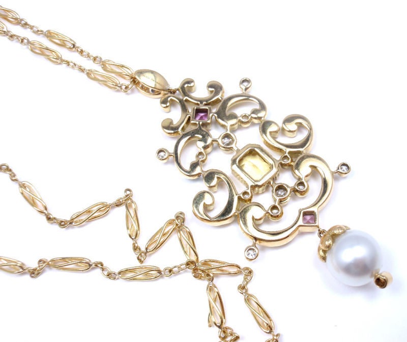 Tiffany & Co. Pearl Enamel Yellow Sapphire Diamond Gold Necklace 1