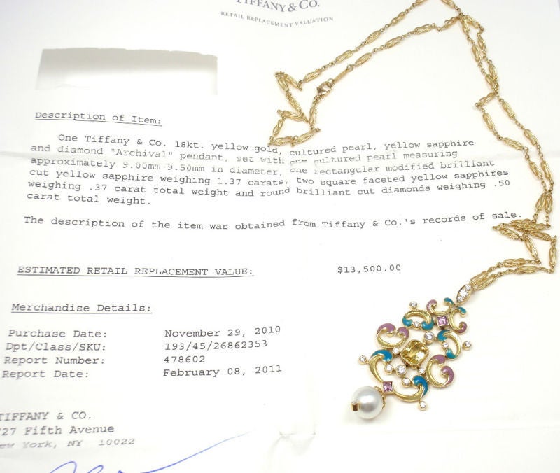 Tiffany & Co. Pearl Enamel Yellow Sapphire Diamond Gold Necklace 4