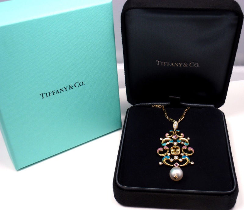 Tiffany & Co. Pearl Enamel Yellow Sapphire Diamond Gold Necklace 5