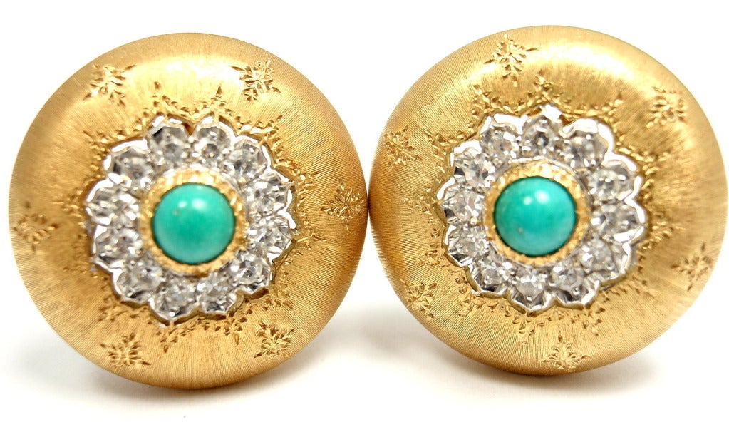 18k Yellow Gold Diamond Turquoise Button Earrings by Frederico Buccellati. With 24 round brilliant cut diamonds, VS clarity, G color. Total Diamond Weight: .48ct. Two round turquoise stones. Each turquoise stone: 5mm in size.

Details: 
Weight: