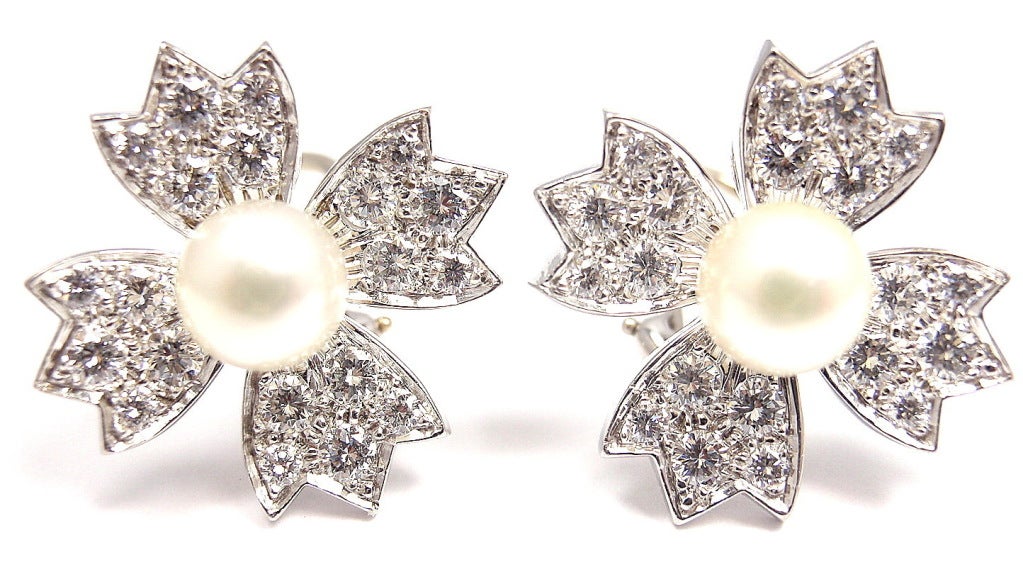 TIFFANY & CO 2CT Diamond Pearl Platinum Earrings 2