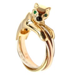CARTIER Tri Color Gold Panther Emerald & Onyx Trinity Ring Band