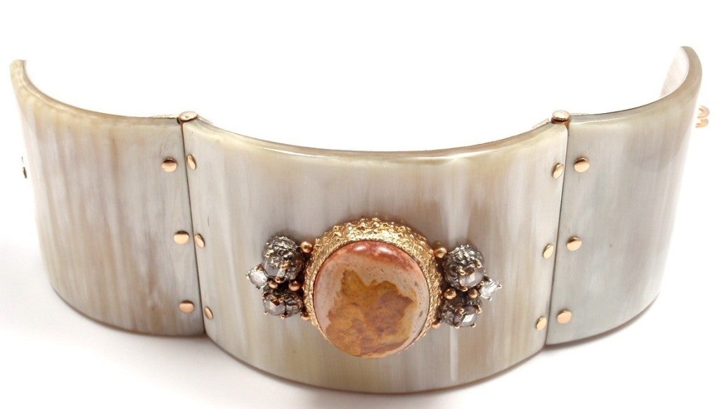 18k Rose Gold Zebu Horn Diamond Opal Bangle Bracelet by Federica Rettore. A white zebu horn hinged cuff with steel lining and 18k rose gold hardware. Smooth boulder opal, and rose cut white & cognac diamonds. This gorgeous bracelet is currently sold