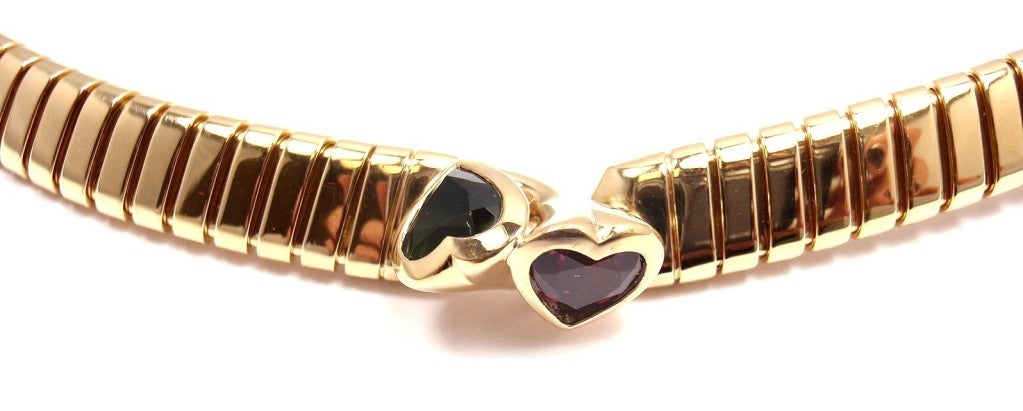 Rare! BVLGARI Yellow Gold Pink and Green Heart-shape Tourmaline Necklace. 
The necklace is 16