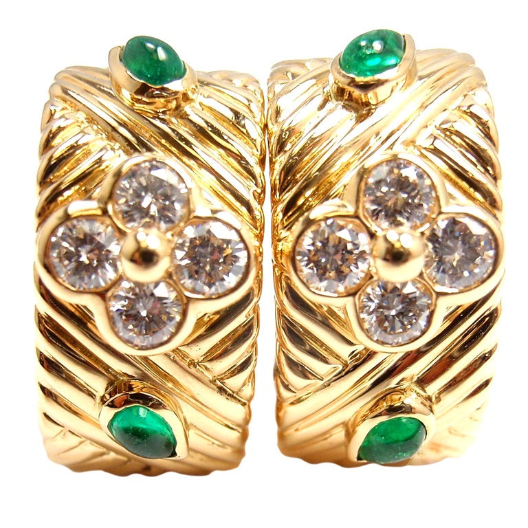 CHRISTIAN DIOR Diamond Emerald Yellow Gold Hoop Earrings
