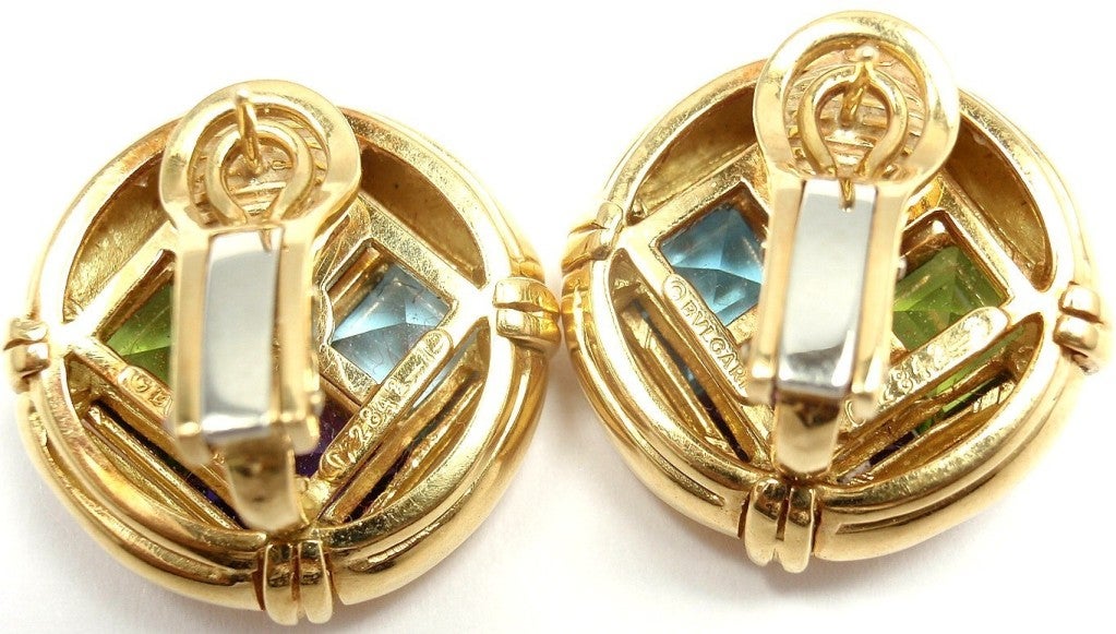 BULGARI yellow gold diamond, tourmaline, peridot, aqua earrings. 4