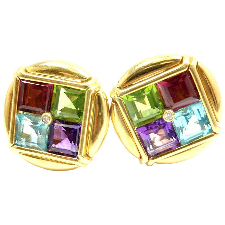 BULGARI yellow gold diamond, tourmaline, peridot, aqua earrings.