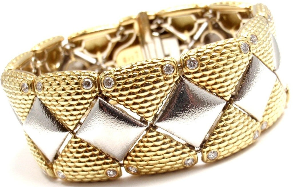 18k Yellow Gold & Platinum Diamond Square Bracelet by Alex Sepkus. With 45 round brilliant cut diamonds, VS1 clarity, G color. Total Diamond Weight: 1.50CT. 

Details: 
Length: 6.5