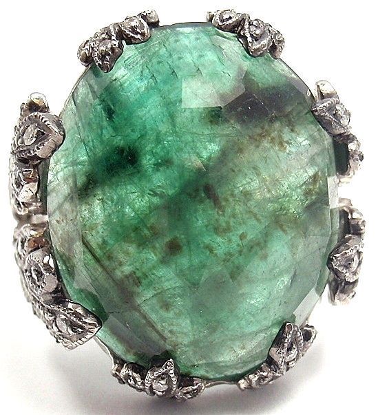 Platinum Large Emerald & Diamond Ring by Cathy Waterman. With 40 round brilliant cut diamonds. Total Diamond Weight: .80CT. One large, gorgeous Emerald: 20mm x 17mm.

Details: 
Ring Size: 6 (resize available and free of charge)
Width: 