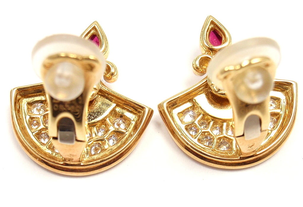 CHRISTIAN DIOR Diamond Ruby Mother of Pearl Yellow Gold Earrings In New Condition In Holland, PA
