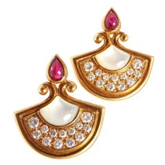 Retro CHRISTIAN DIOR Diamond Ruby Mother of Pearl Yellow Gold Earrings