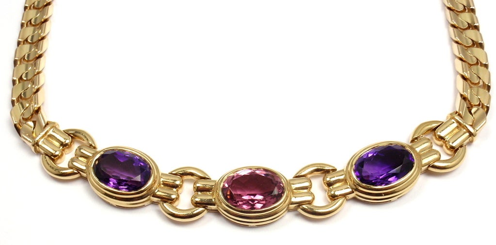 BULGARI Amethyst & Pink Tourmaline Yellow Gold Necklace In New Condition In Holland, PA