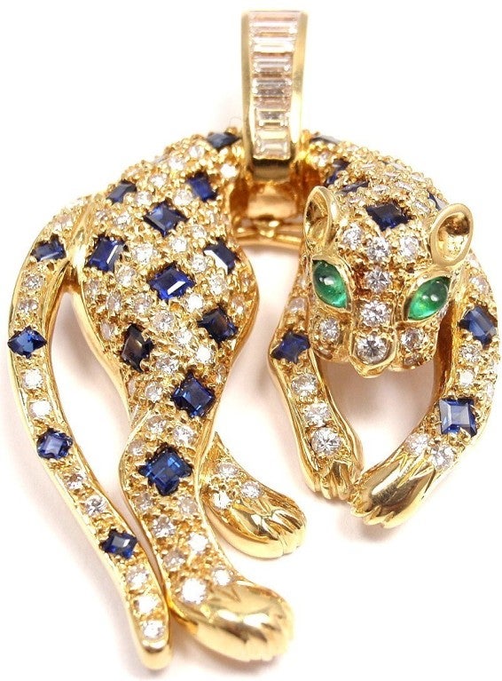 PONTE VECCHIO Diamond Sapphire Emerald Panther Yellow Gold Brooch Pendant