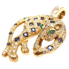 PONTE VECCHIO Diamond Sapphire Emerald Panther Yellow Gold Brooch Pendant
