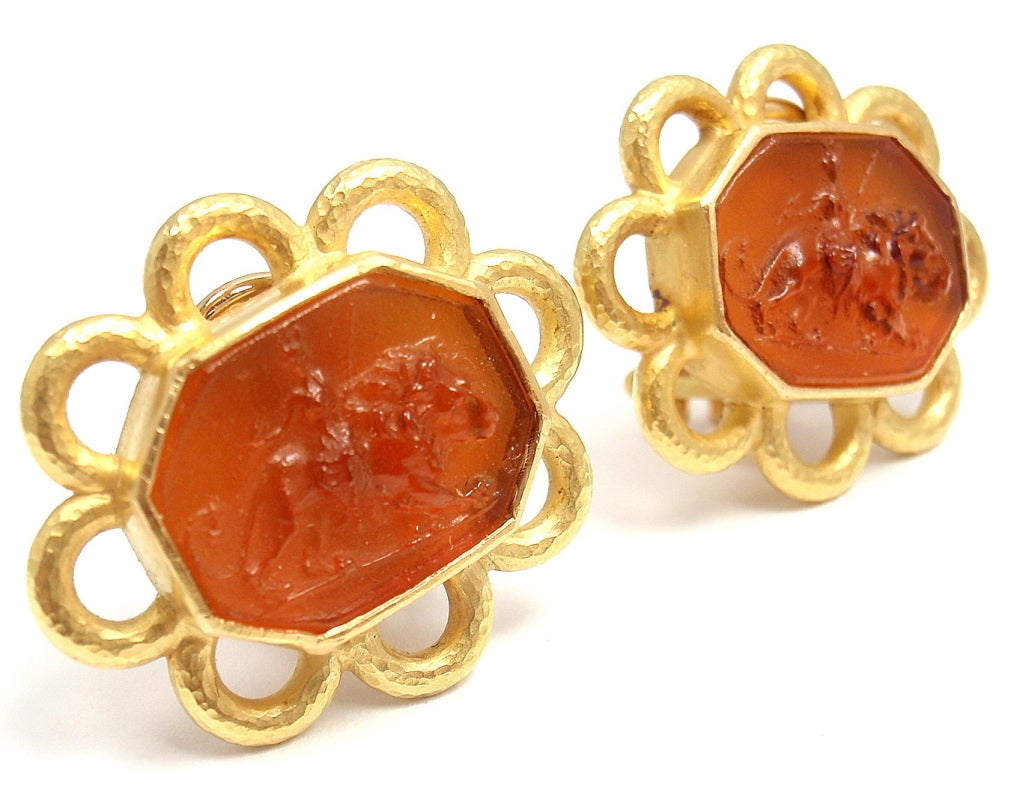 Women's ELIZABETH LOCKE Venetian Glass Intaglio Carved Yellow Gold Earrings