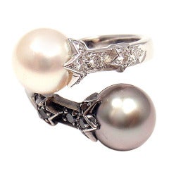 CHANEL Comete Black & White Diamond Pearl Open Band White Gold Ring