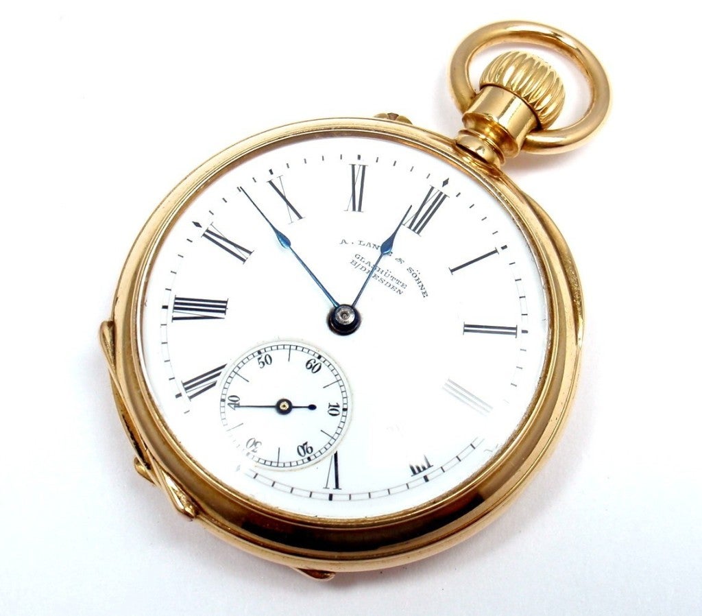 A. Lange & Sohne 18k yellow gold pocket watch. 

Details: 
Diameter: 36mm; Thickness: 10.5mm
Weight: 45.2 grams

*Free Shipping within the United States*