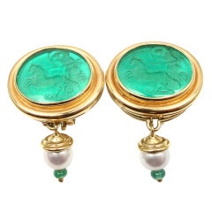 Vintage ELIZABETH LOCKE Venetian Green Glass Intaglio Pearl Earrings
