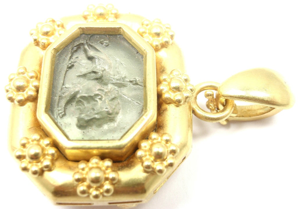 18k Yellow Gold Venetian Glass Intaglio Brooch Pendant by Elizabeth Locke. With a large venetian glass intaglio of a lion with a rider.

Details: 
Weight: 18.8 grams
Measurements: 1 1/4