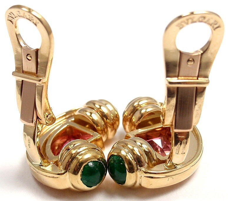 BULGARI Pink Tourmaline & Emerald Yellow Gold Earrings In New Condition In Holland, PA