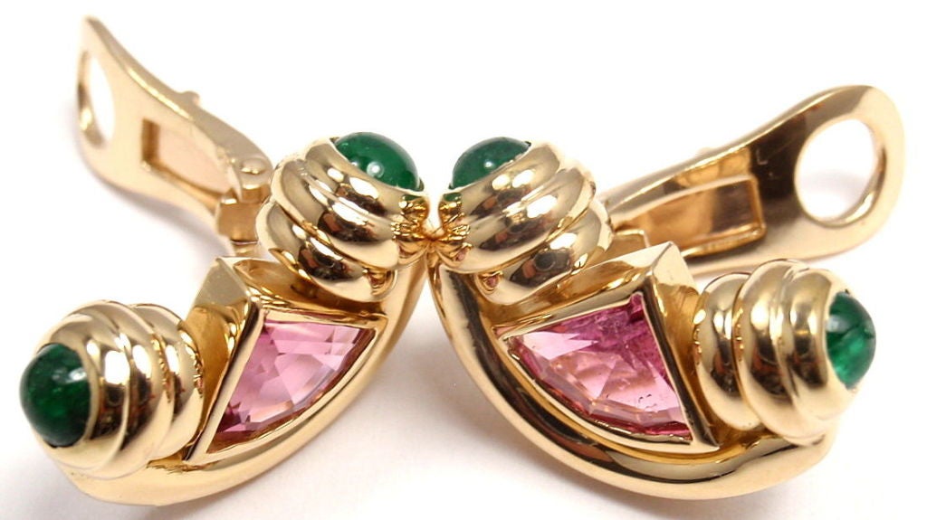 BULGARI Pink Tourmaline & Emerald Yellow Gold Earrings 4