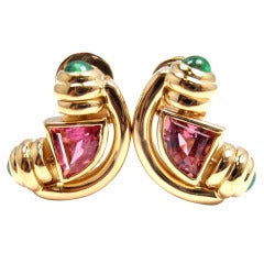 BULGARI Pink Tourmaline & Emerald Yellow Gold Earrings