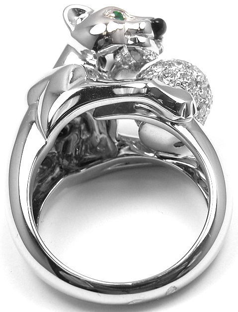 CARTIER Panther Diamond Emerald Black Onyx White Gold Ring In New Condition In Southampton, PA