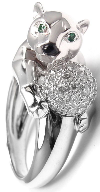 CARTIER Panther Diamond Emerald Black Onyx White Gold Ring 1