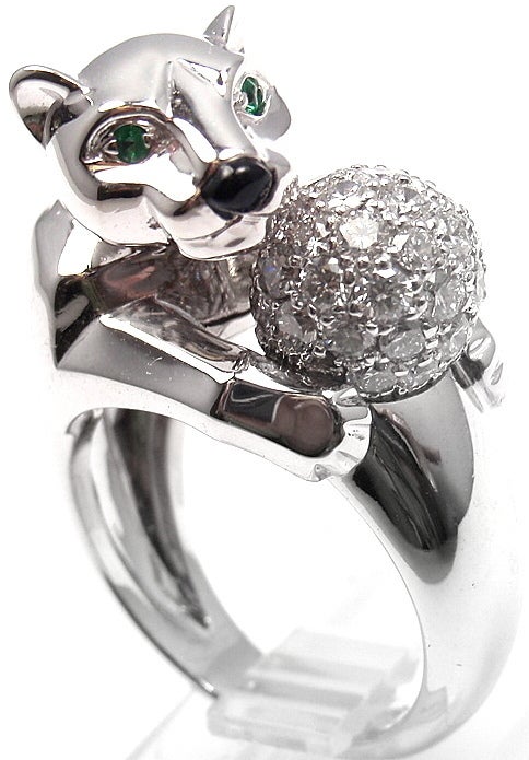 CARTIER Panther Diamond Emerald Black Onyx White Gold Ring 3
