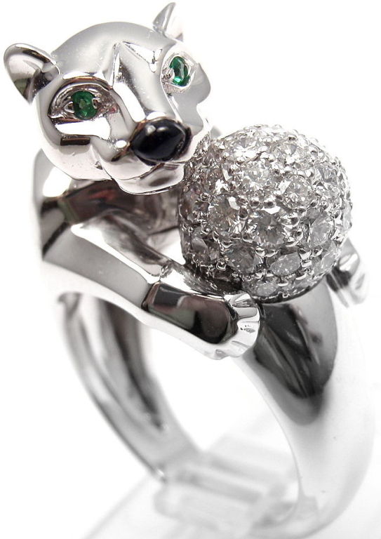 CARTIER Panther Diamond Emerald Black Onyx White Gold Ring 5