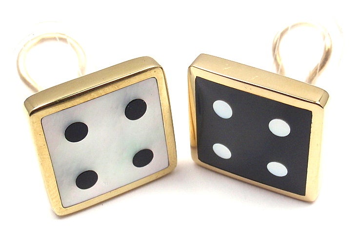 Vintage 18k Yellow Gold Black Onyx & Mother of Pearl Dice Earrings by Tiffany & Co. 
These earrings are for non pierced ears, but could be easily converted.
Details: 
Weight: 12.6 grams
Measurements: 3/4