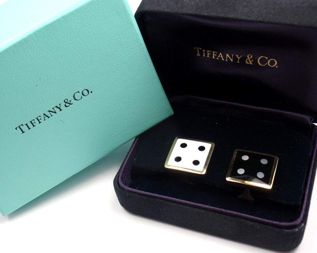 TIFFANY & CO Mother of Pearl Black Onyx Yellow Gold Dice Earrings 2