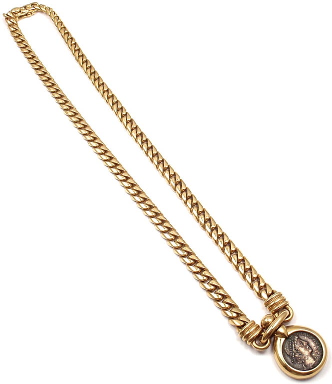 Women's Bulgari yellow gold ancient Roman coin necklace.
