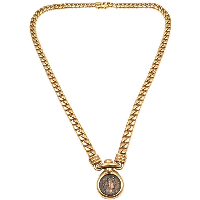 Bulgari yellow gold ancient Roman coin necklace.