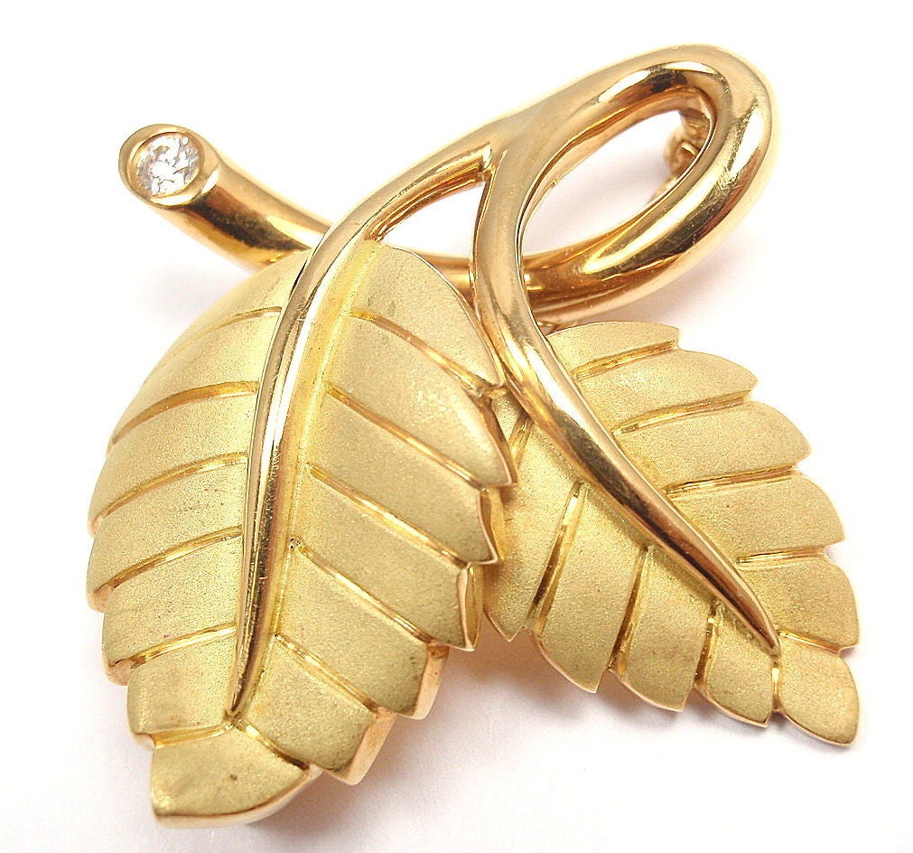 TIFFANY & CO Diamond Leaf Yellow Gold Brooch Pin