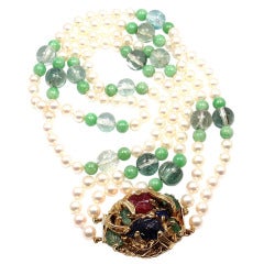 SEAMAN SCHEPPS Pearl Aquamarine Jade Ruby Sapphire Emerald Yellow Gold Necklace