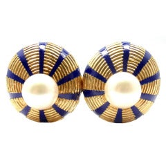 TIFFANY & CO Jean Schlumberger Blue Enamel Pearl Yellow Gold Earrings