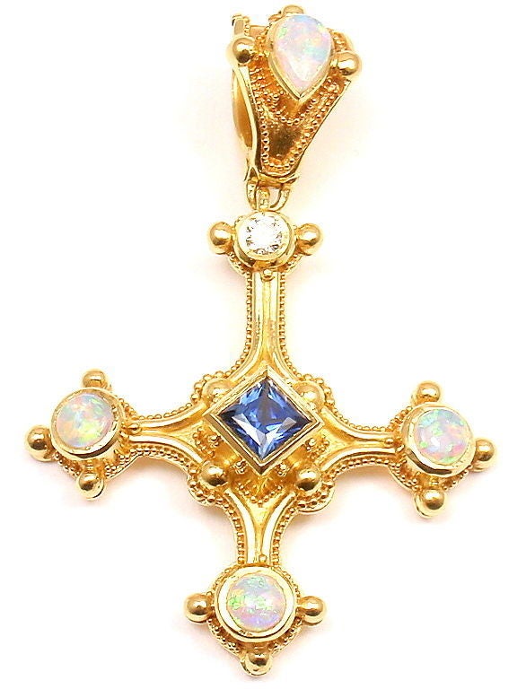 KENT RAIBLE Pendentif en or jaune avec opale:: saphir et diamant en forme de croix inversée Neuf à Holland, PA