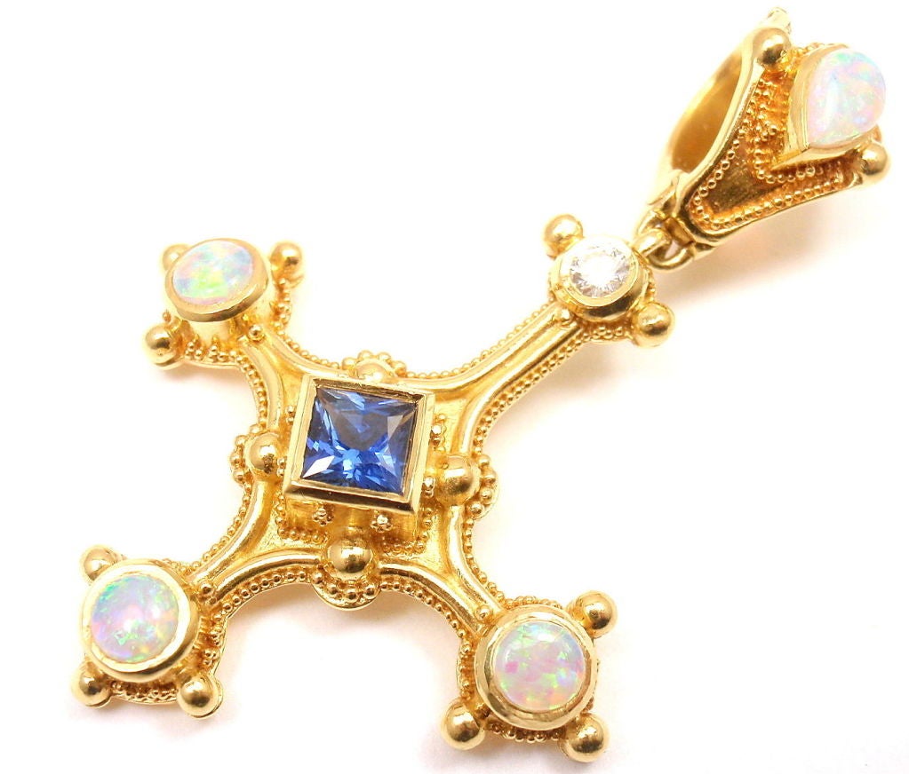Gold Inverted KENT RAIBLE Opal Sapphire Diamond Yellow Gold Inverted Cross Pendant at ...