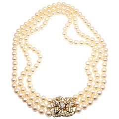 MIKIMOTO Triple Strand Pearl Diamond Yellow Gold Necklace