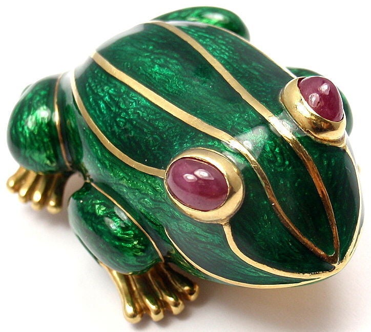 DAVID WEBB Lucky Frog Green Enamel Ruby Yellow Gold Pin Brooch