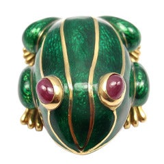 DAVID WEBB Lucky Frog Green Enamel Ruby Yellow Gold Pin Brooch 1