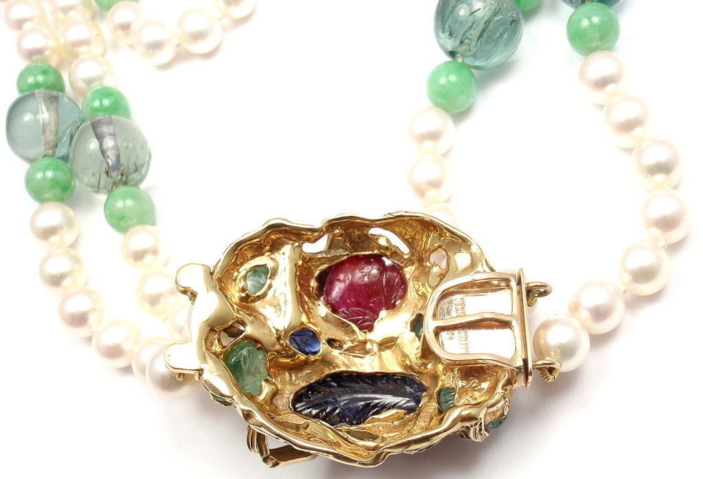 Seaman Schepps Aquamarine Jade Pearl Ruby Sapphire Emerald Gold Necklace In New Condition In Holland, PA