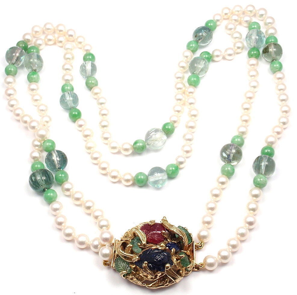 Seaman Schepps Aquamarine Jade Pearl Ruby Sapphire Emerald Gold Necklace 2